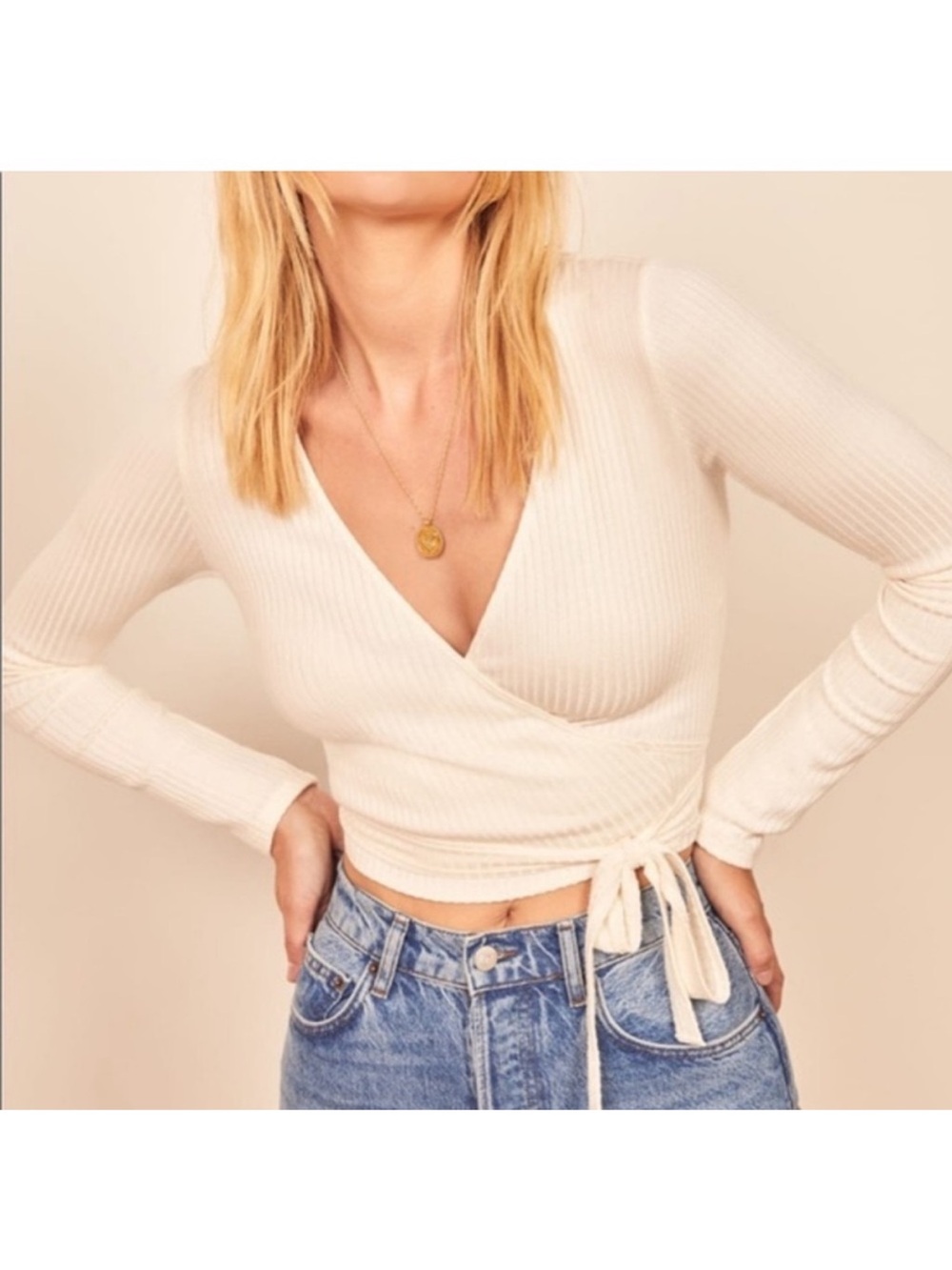 Reformation Petals Wrap Ribbed Long-Sleeve Top in Cream